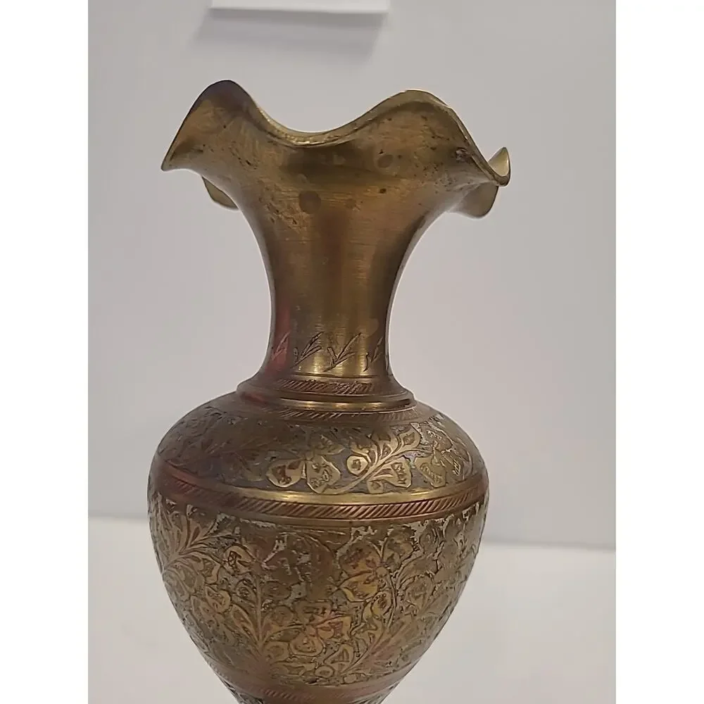 Vintage Etched Brass Bud Vase, Floral Design, Small, Tall, Decorative